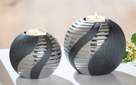 SALE % - Suport lumanare Sevilla, ceramica, gri/argintiu, 9.8x8.8x9.8 cm