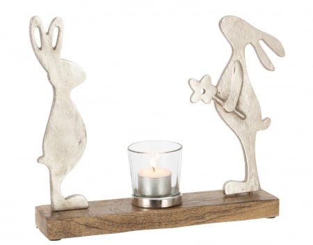 DECORATIUNI - Suport lumanare Tealight Holder Rabbits, Aluminiu, Argintiu, 30x2.5x23 cm