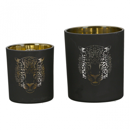 Suport lumanare Tiger, sticla, negru/auriu, 10x9 cm [1]