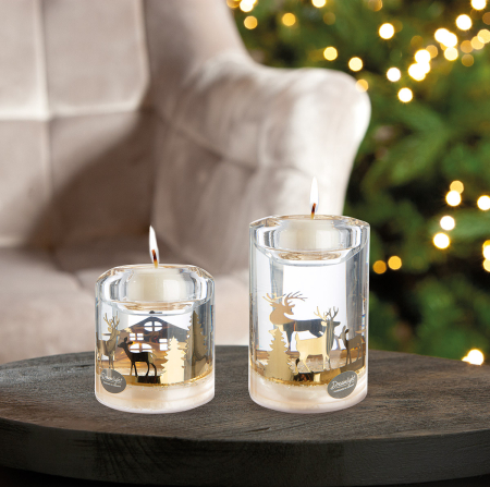 DECORATIUNI - Suport lumanare tip tealight, Candela Classic, "Forest", Sticla, negru, auriu, PU 4, L. 7 cm, L. 7 cm, H 10,5 cm