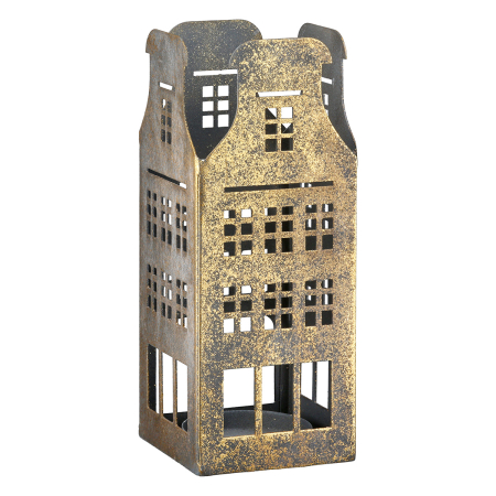 Suport lumanare tip tealight, Casa, "Häuserreihe", Motiv Casa, Metal, auriu, PU 6, Asortat de 3 ori, L. 9 cm, L. 9 cm, H 18 cm [2]