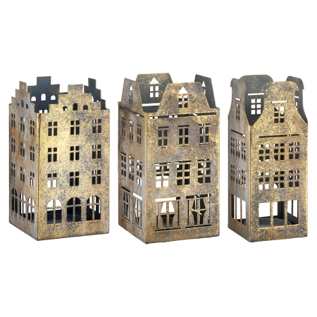 Suport lumanare tip tealight, Casa, "Häuserreihe", Motiv Casa, Metal, auriu, PU 6, Asortat de 3 ori, L. 9 cm, L. 9 cm, H 18 cm [3]