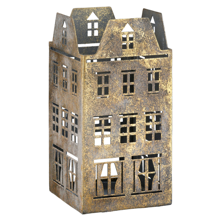 Suport lumanare tip tealight, Casa, "Häuserreihe", Motiv Casa, Metal, auriu, PU 6, Asortat de 3 ori, L. 9 cm, L. 9 cm, H 18 cm [1]