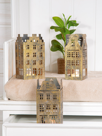 DECORATIUNI - Suport lumanare tip tealight, Casa, "Häuserreihe", Motiv Casa, Metal, auriu, PU 6, Asortat de 3 ori, L. 9 cm, L. 9 cm, H 18 cm