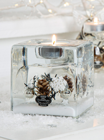 DECORATIUNI - Suport lumanare tip tealight, Cube Smart, „Winter Story”, Sticla, maro, alb, PU 4, L. 9 cm, L. 9 cm, H 9 cm