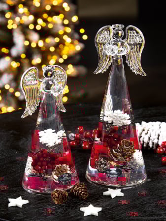 DECORATIUNI - Suport lumanare tip tealight, Figurina, Angel Smart, "Winter Berries", Sticla, transparent, roșu, PU 6, L. 7,5 cm, L. 7,5 cm, H 15,5 cm