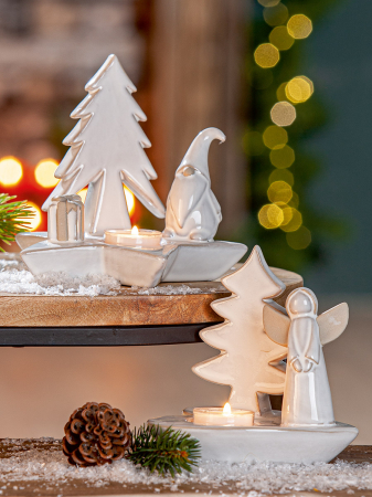 SALE % - Suport lumanare tip tealight, Stea, "Luce", motiv brad de Craciun, Portelan, crem, PU 4, 2 asortate, L. 13 cm, L. 13 cm, H 13,5 cm