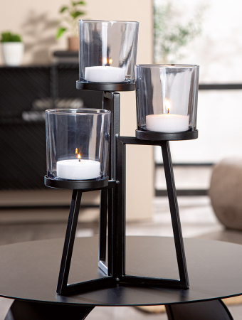 DECORATIUNI - Suport lumanare, „Triade”, Metal, negru, PU 2, L. 21 cm, latime 21 cm, inaltime 36 cm