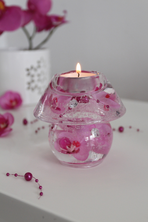 SALE % - Suport lumanare  Ufo Orchid, Sticla, Transparent/Roz, 10x9.5x9.5 cm