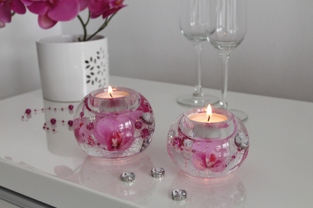 SALE % - Suport lumanare Ufo Orchid, Sticla, Transparent/Roz, 8 cm
