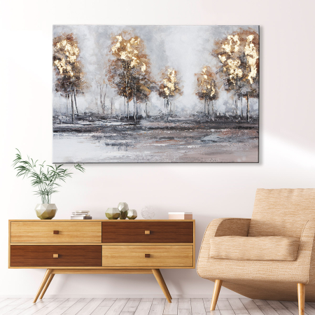 Tablou, dreptunghiular, „Waldlightung”, motiv padure, panza, gri, auriu, PU 1, L. 3,5 cm, l. 120 cm, H 80 cm [2]