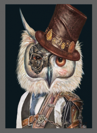 IN STOC - Tablou Owl with hat frame pictat manual