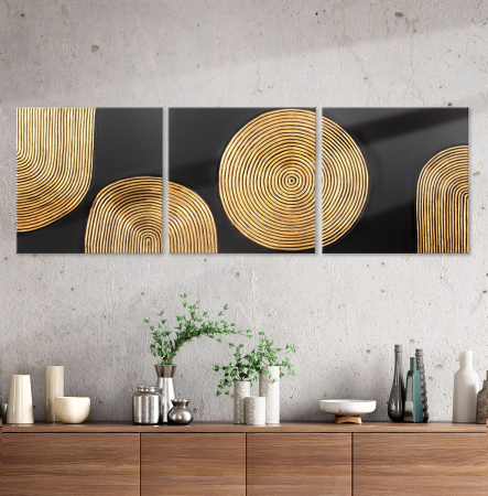 DECORATIUNI - Tablou, patrat, "Solito", motiv circular, MDF, negru, auriu, PU 3, asortat de 3 ori, L. 3 cm, l. 60 cm, H 60 cm