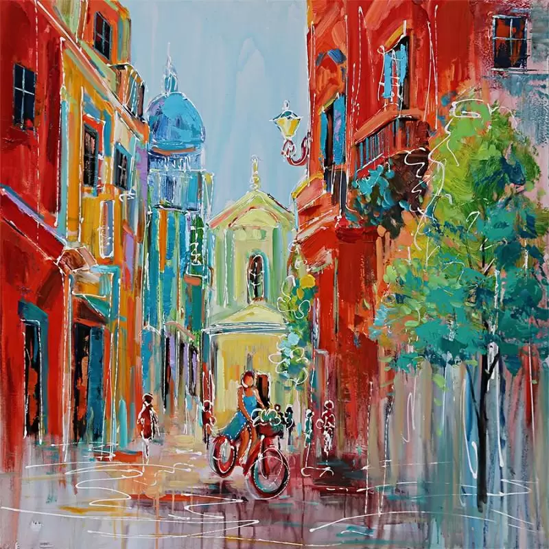 Tablouri - Tablou pictat manual Colorful city 100x100 cm