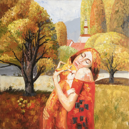 Tablouri - Tablou Woman with cat pictat manual
