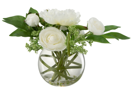 SALE % - Vaza cu flori Buttercup Peony, Fibre sintetice/Sticla, Alb/Verde, 26.5x26.5x28 cm