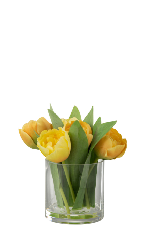 SALE % - Vaza cu lalele artificiale Tulips, Fibre sintetice/Sticla, Galben/Verde, 17x16x19 cm