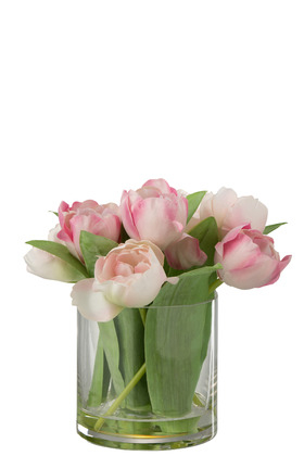 SALE % - Vaza cu lalele artificiale Tulips, Fibre sintetice/Sticla, Roz/Verde, 20x18x22 cm