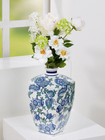 Black Friday 2025 - Vaza FAIENCE, ceramica, pictata manual, albastru floral, 31x17,5 cm