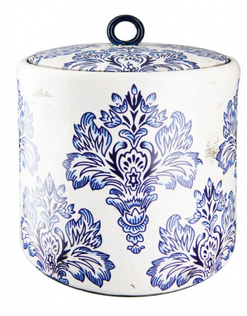 IN STOC - Bol cu capac FAIENCE, ceramica, pictata manual, albastru floral, 20x18 cm