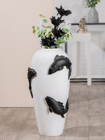 SALE % - Vaza Koi, compozit, alb, 73x35 cm