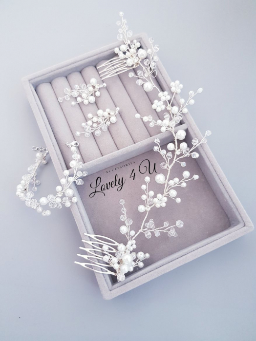 set bijuterii mireasa, set diadema si cercei mireasa, set diadema cercei si bratara cu perle, cercei mireasa cu perle, set accesorii nunta, set bijuterii nunta, bratara mireasa cu perle albe, set argintiu mireasa cu perle , cercei lungi mireasa, bratara mireasa [3]