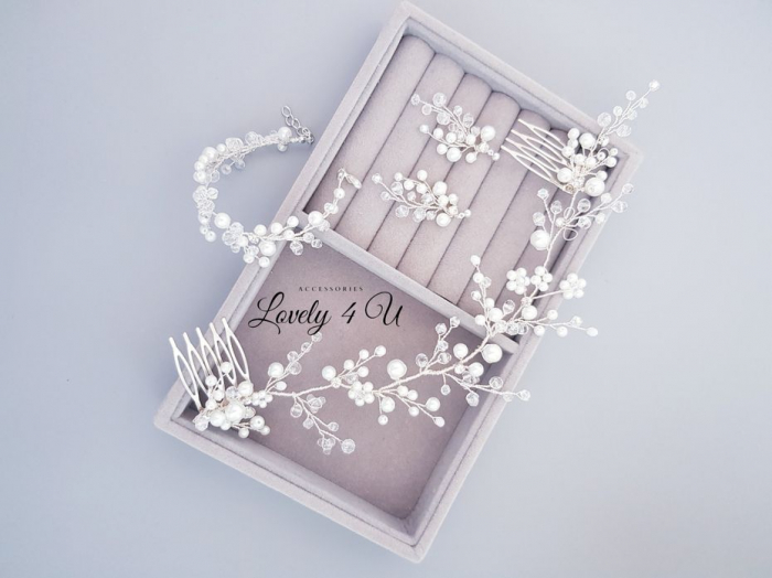 set bijuterii mireasa, set diadema si cercei mireasa, set diadema cercei si bratara cu perle, cercei mireasa cu perle, set accesorii nunta, set bijuterii nunta, bratara mireasa cu perle albe, set argintiu mireasa cu perle , cercei lungi mireasa, bratara mireasa [4]