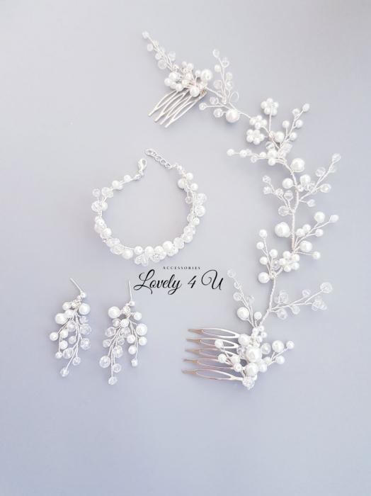 set bijuterii mireasa, set diadema si cercei mireasa, set diadema cercei si bratara cu perle, cercei mireasa cu perle, set accesorii nunta, set bijuterii nunta, bratara mireasa cu perle albe, set argintiu mireasa cu perle , cercei lungi mireasa, bratara mireasa [5]
