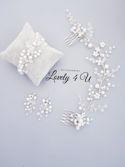 set bijuterii mireasa, set diadema si cercei mireasa, set diadema cercei si bratara cu perle, cercei mireasa cu perle, set accesorii nunta, set bijuterii nunta, bratara mireasa cu perle albe, set argintiu mireasa cu perle , cercei lungi mireasa, bratara mireasa [7]