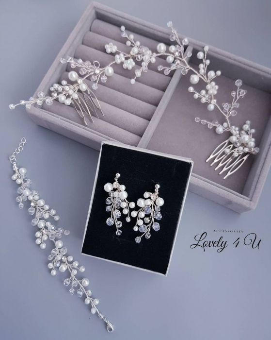 set bijuterii mireasa, set diadema si cercei mireasa, set diadema cercei si bratara cu perle, cercei mireasa cu perle, set accesorii nunta, set bijuterii nunta, bratara mireasa cu perle albe, set argintiu mireasa cu perle , cercei lungi mireasa, bratara mireasa [9]