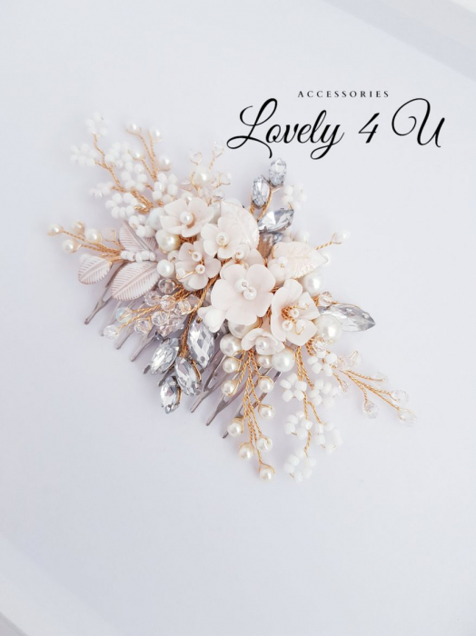ACCESORIU BOEM MIREASA, ACCESORII LOVELY 4 U, BIJUTERII MIREASA,accesoriu coc mireasa, accesoriu păr mireasă,accesoriu par romantic, pieptene flori mireasa, DIADEMA MIREASA, pieptene auriu mireasa [7]