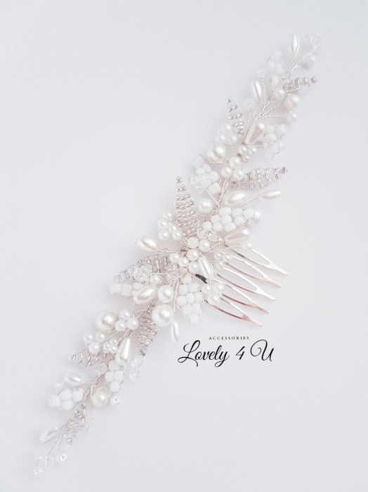 KENNEDY - Diadema mireasa argintiu cu perle albe și ivory [4]