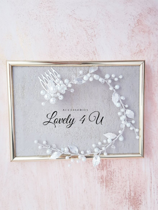 Agrafa par mireasa bentita mireasa,Bijuterii mireasa, Accesorii de par mireasa, Agrafa par mireasa, Agrafa cu perle, Accesorii LOVELY 4 U, Accesoriu lung, Bentita cu perle, FRUNZE, accesorii cu frunze [7]