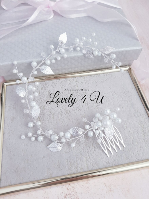 Agrafa par mireasa bentita mireasa,Bijuterii mireasa, Accesorii de par mireasa, Agrafa par mireasa, Agrafa cu perle, Accesorii LOVELY 4 U, Accesoriu lung, Bentita cu perle, FRUNZE, accesorii cu frunze [9]
