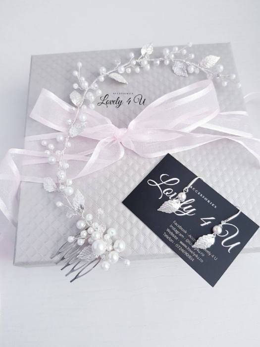 Agrafa par mireasa bentita mireasa,Bijuterii mireasa, Accesorii de par mireasa, Agrafa par mireasa, Agrafa cu perle, Accesorii LOVELY 4 U, Accesoriu lung, Bentita cu perle, FRUNZE, accesorii cu frunze [4]