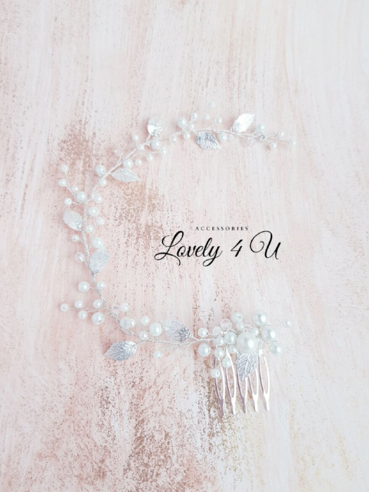 Agrafa par mireasa bentita mireasa,Bijuterii mireasa, Accesorii de par mireasa, Agrafa par mireasa, Agrafa cu perle, Accesorii LOVELY 4 U, Accesoriu lung, Bentita cu perle, FRUNZE, accesorii cu frunze [2]