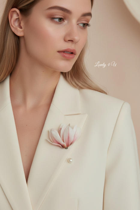 Broșă handmade MAGNOLIA GRACE, pin de rever cu perla cu design floral magnolie și mesaj motivațional ascuns. Realizată manual în România. Accesoriu statement cu sens, creat de LOVELY 4 U. [7]