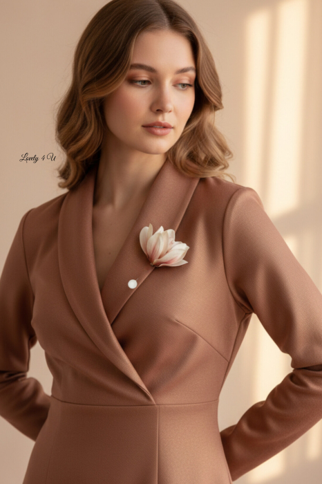 Broșă handmade MAGNOLIA GRACE, pin de rever cu perla cu design floral magnolie și mesaj motivațional ascuns. Realizată manual în România. Accesoriu statement cu sens, creat de LOVELY 4 U. [2]