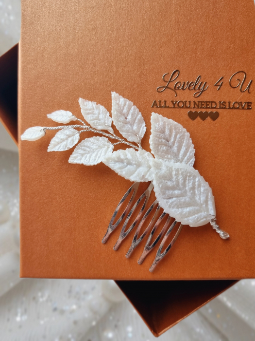 Accesoriu cu frunze handmade, MEDANA - cu frunze  ivory, bază placată cu argint, pieptăn mic pentru coafuri mireasă bucle / coc , Diadema nuntă/ nașa/ cununie civila/ L 9 cm [2]