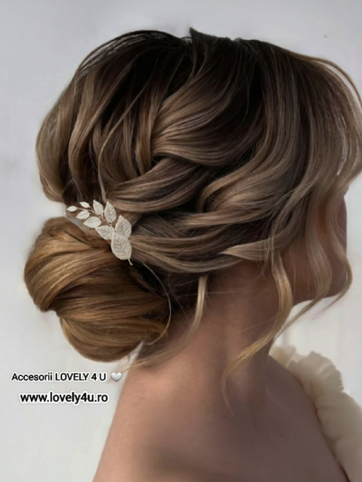 Accesoriu cu frunze handmade, MEDANA - cu frunze  ivory, bază placată cu argint, pieptăn mic pentru coafuri mireasă bucle / coc , Diadema nuntă/ nașa/ cununie civila/ L 9 cm [6]