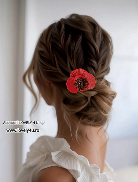accesoriu păr mac, floare mac handmade, agrafă mac roșu, accesoriu păr mireasă, floare handmade păr, bijuterie păr handmade, floare roșie cu perle, agrafă elegantă păr, accesoriu de păr unicat, Lovely 4 U mac, bijuterii păr handmade, cadou femei elegant, floare mac mireasă, [3]