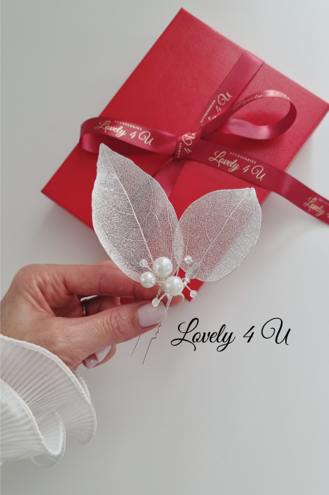 Accesorii Lovely 4 u, Bijuterii păr mireasă, Diadema mireasa, Accesorii coc, Accesorii nuntă, Accesorii cu frunze, Agrafă cu perle, Ornamente păr mireasă, Agrafe coc mireasa, agrafă par mireasa, agrafă cu frunze , Cristale Swarovski, Perle albe, Accesorii argint, Accesorii Swarovski, Diadema mireasa cu frunze [2]