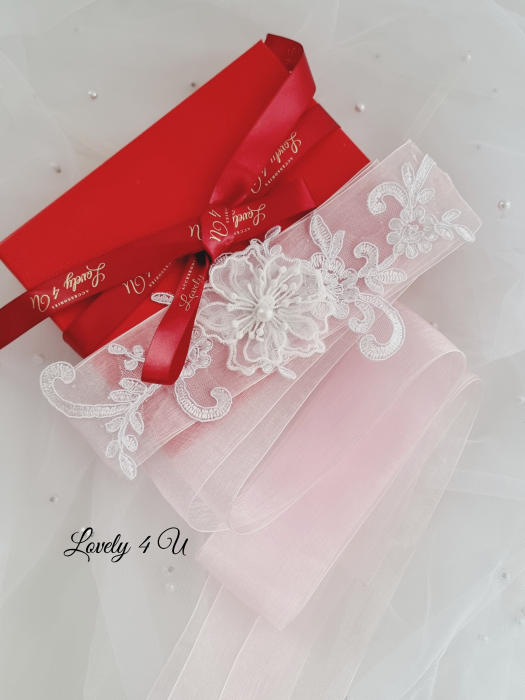 Accesorii Lovely 4 u, Accesorii talie mireasa, , Esarfa roz pentru dezgatit, Accesorii roz mireasa dezgatit, Esarfe roz mireasa, Esarfa dezgatitul miresei, Bentita mireasa, Coronita mireasa,Tiara, ROZ [3]
