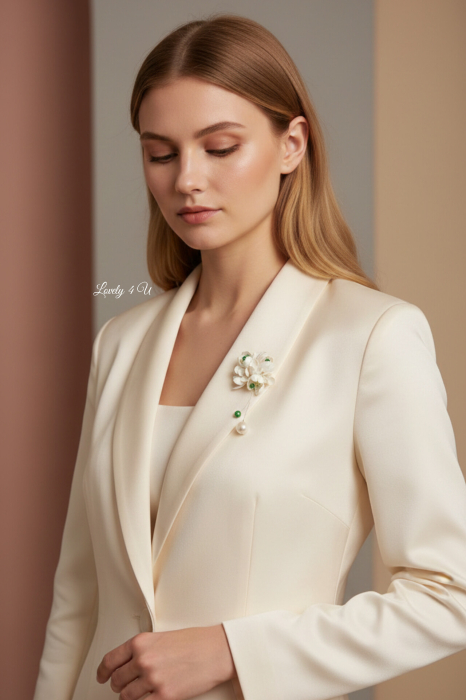 BELIEVE BLOOM - Broșă-buchet de ghiocei cu perlă verde Swarovski plutitoare - broșă handmade pin rever, broșă cu mesaj motivațional [2]