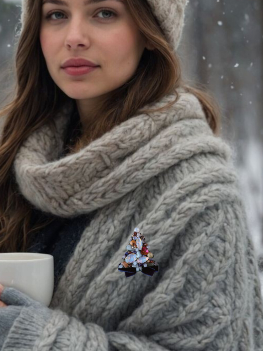 Broșă brad de Crăciun handmade cu pietre semiprețioase Lapis, Jasp, Piatra Soarelui, Unakit, Cameol, Granat verde și maro – bijuterie unicat Lovely 4 U [2]