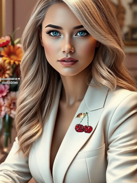 Brosa cireșe UNICAT cu pietre, frunza aurie metalica , perle, cristale, fir placat cu aur, handmade - bijuterii cirese cu mesaj motivațional LOVE YOURSELF - YOU ARE BEAUTIFUL [3]