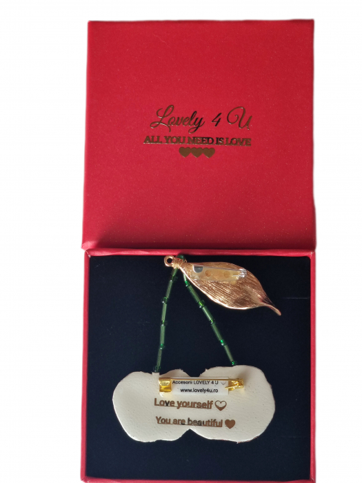 Brosa cireșe UNICAT cu pietre, frunza aurie metalica , perle, cristale, fir placat cu aur, handmade - bijuterii cirese cu mesaj motivațional LOVE YOURSELF - YOU ARE BEAUTIFUL [4]