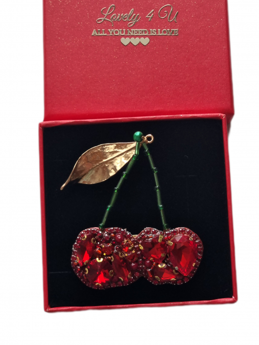 Brosa cireșe UNICAT cu pietre, frunza aurie metalica , perle, cristale, fir placat cu aur, handmade - bijuterii cirese cu mesaj motivațional LOVE YOURSELF - YOU ARE BEAUTIFUL [6]