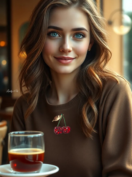 Brosa cireșe UNICAT cu pietre, frunza aurie metalica , perle, cristale, fir placat cu aur, handmade - bijuterii cirese cu mesaj motivațional LOVE YOURSELF - YOU ARE BEAUTIFUL [2]