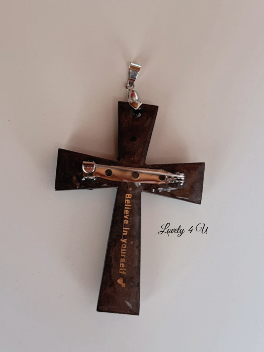Broșă cruce  cu cristale onix - bijuterii handmade brosa și colier cruce, mesaj pe verso: BELIEVE IN YOURSELF [3]